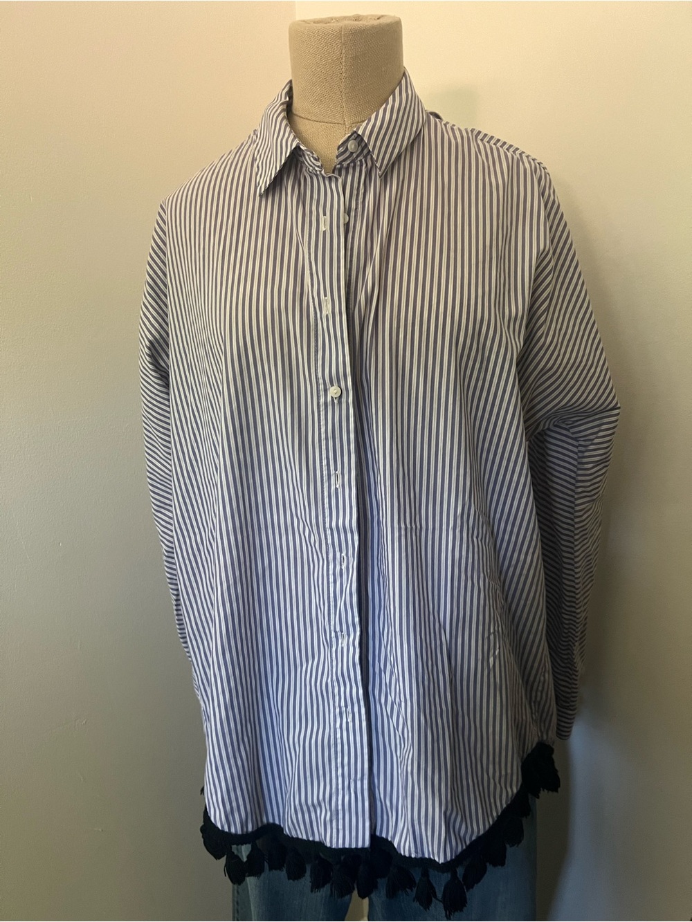 ZARA Striped Shirt w/ Fringe Tassels, size L